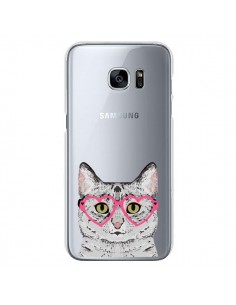 Coque Chat Gris Lunettes Coeurs Transparente pour Samsung...