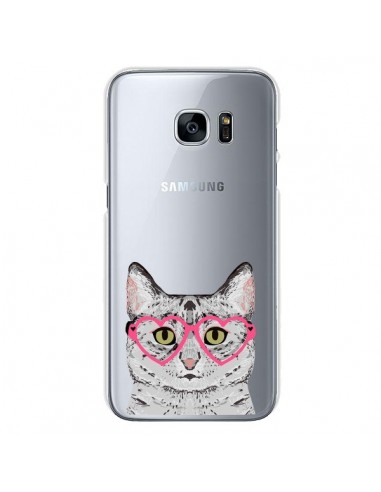 Coque Chat Gris Lunettes Coeurs Transparente pour Samsung Galaxy S7 - Pet Friendly