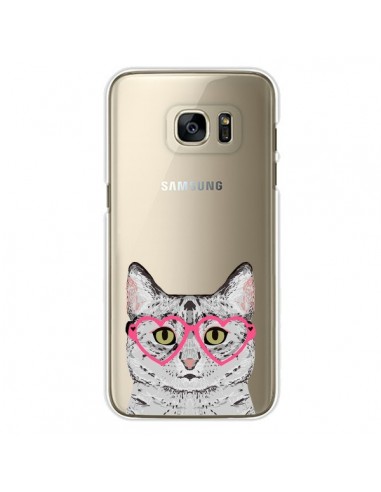 Coque Chat Gris Lunettes Coeurs Transparente pour Samsung Galaxy S7 Edge - Pet Friendly