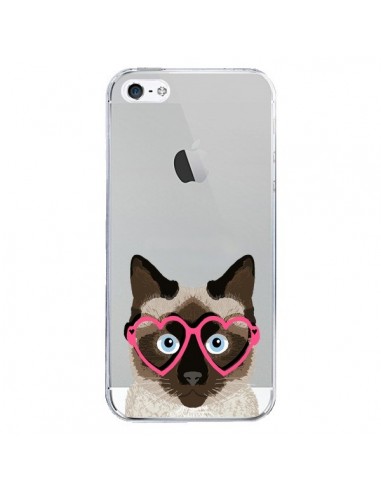 Coque iPhone 5/5S et SE Chat Marron Lunettes Coeurs Transparente - Pet Friendly