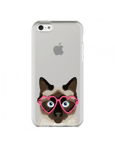Coque iPhone 5C Chat Marron Lunettes Coeurs Transparente - Pet Friendly