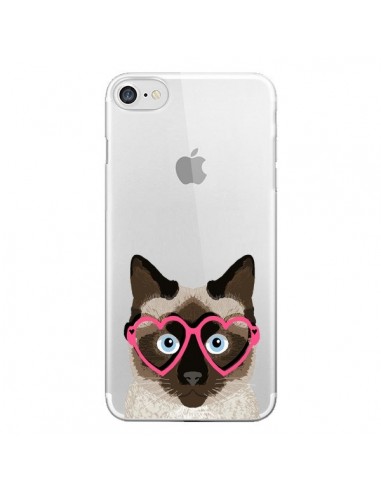 Coque iPhone 7/8 et SE 2020 Chat Marron Lunettes Coeurs Transparente - Pet Friendly
