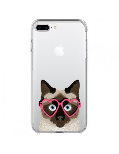 Coque iPhone 7 Plus et 8 Plus Chat Marron Lunettes Coeurs Transparente - Pet Friendly