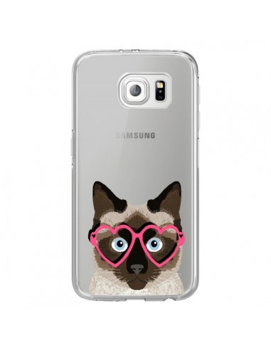 Coque Chat Marron Lunettes Coeurs Transparente pour Samsung Galaxy S6 Edge - Pet Friendly