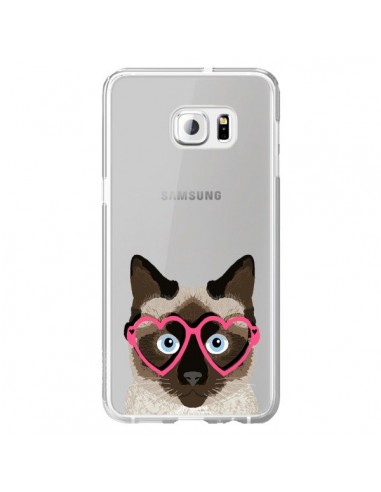 Coque Chat Marron Lunettes Coeurs Transparente pour Samsung Galaxy S6 Edge Plus - Pet Friendly