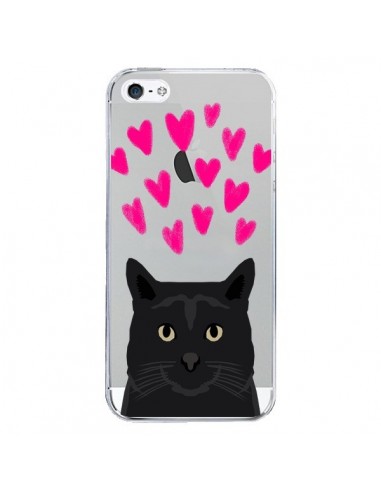 Coque iPhone 5/5S et SE Chat Noir Coeurs Transparente - Pet Friendly
