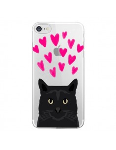 Coque iPhone 7/8 et SE 2020 Chat Noir Coeurs Transparente...