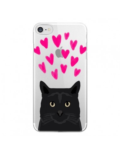 Coque iPhone 7/8 et SE 2020 Chat Noir Coeurs Transparente - Pet Friendly