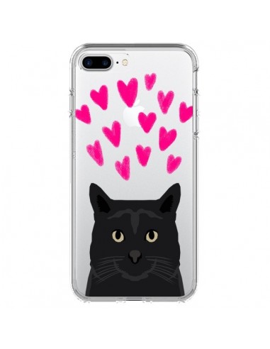 Coque iPhone 7 Plus et 8 Plus Chat Noir Coeurs Transparente - Pet Friendly