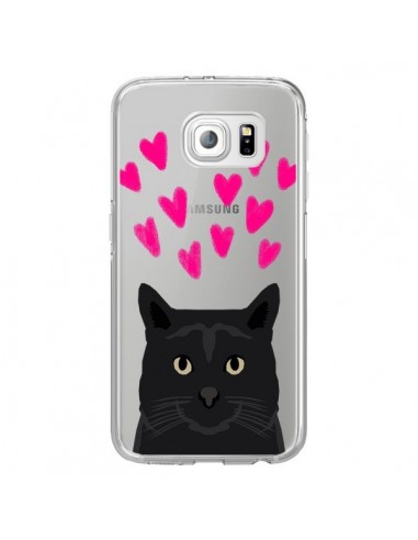 Coque Chat Noir Coeurs Transparente pour Samsung Galaxy S6 Edge - Pet Friendly