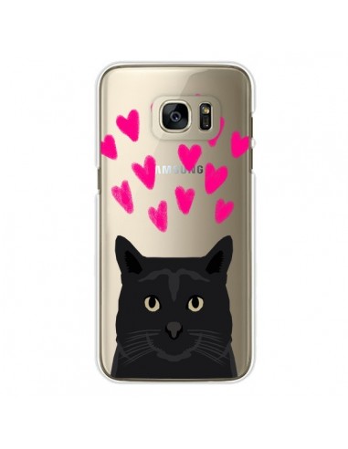 Coque Chat Noir Coeurs Transparente pour Samsung Galaxy S7 Edge - Pet Friendly