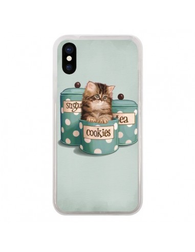 Coque iPhone X et XS Chaton Chat Kitten Boite Cookies Pois - Maryline Cazenave