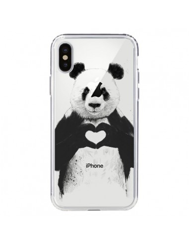 Coque iPhone X et XS Panda All You Need Is Love Transparente - Balazs Solti