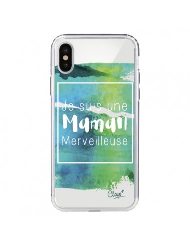 Coque iPhone X et XS Je suis une Maman Merveilleuse Bleu Vert Transparente - Chapo