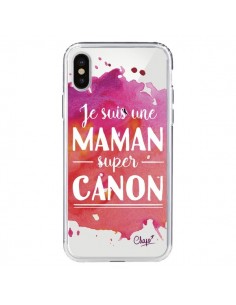Coque iPhone X et XS Je suis une Maman super Canon Rose...