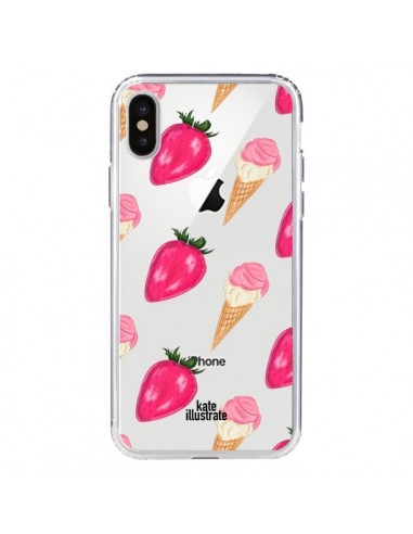 Coque iPhone X et XS Strawberry Ice Cream Fraise Glace Transparente - kateillustrate
