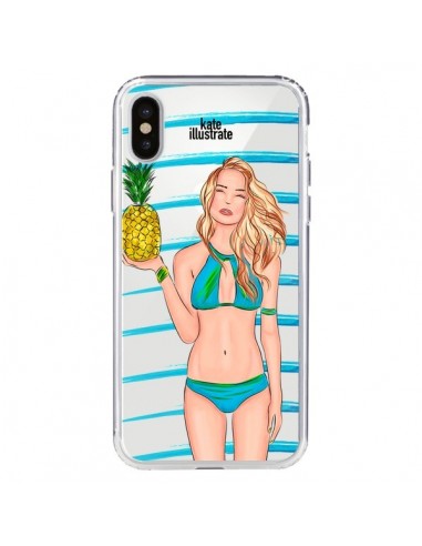 Coque iPhone X et XS Malibu Ananas Plage Ete Bleu Transparente - kateillustrate