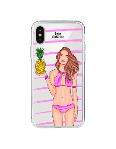 Coque iPhone X et XS Malibu Ananas Plage Ete Rose Transparente - kateillustrate