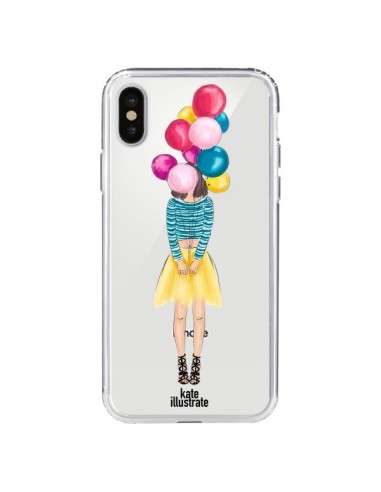 Coque iPhone X et XS Girls Balloons Ballons Fille Transparente - kateillustrate