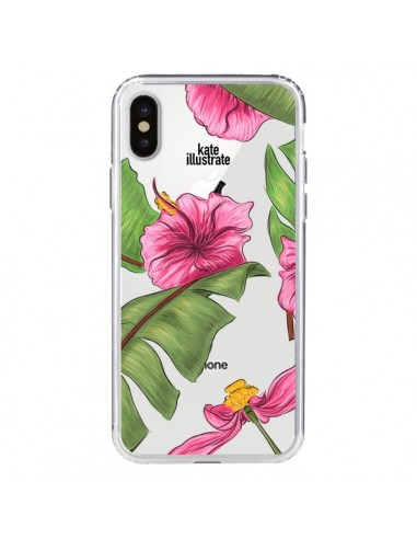 Coque iPhone X et XS Tropical Leaves Fleurs Feuilles Transparente - kateillustrate