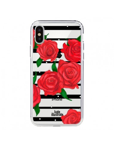 Coque iPhone X et XS Red Roses Rouge Fleurs Flowers Transparente - kateillustrate
