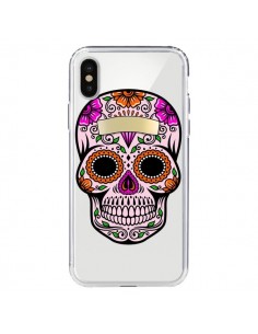 Coque iPhone X et XS Tête de Mort Mexicaine Noir Rose...