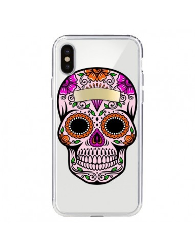 Coque iPhone X et XS Tête de Mort Mexicaine Noir Rose Transparente - Laetitia
