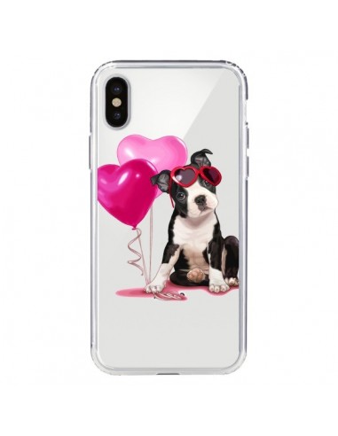 Coque iPhone X et XS Chien Dog Ballon Lunettes Coeur Rose Transparente - Maryline Cazenave