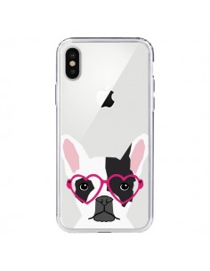 Coque iPhone X et XS Bulldog Français Lunettes Coeurs...