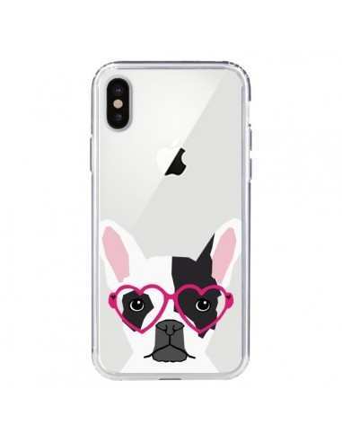 Coque iPhone X et XS Bulldog Français Lunettes Coeurs Chien Transparente - Pet Friendly