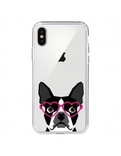 Coque iPhone X et XS Boston Terrier Lunettes Coeurs Chien...