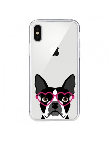 Coque iPhone X et XS Boston Terrier Lunettes Coeurs Chien Transparente - Pet Friendly