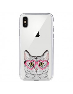 Coque iPhone X et XS Chat Gris Lunettes Coeurs...