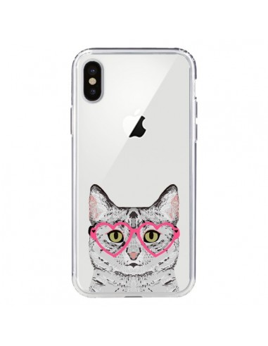 Coque iPhone X et XS Chat Gris Lunettes Coeurs Transparente - Pet Friendly