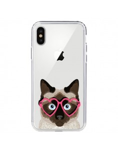Coque iPhone X et XS Chat Marron Lunettes Coeurs...