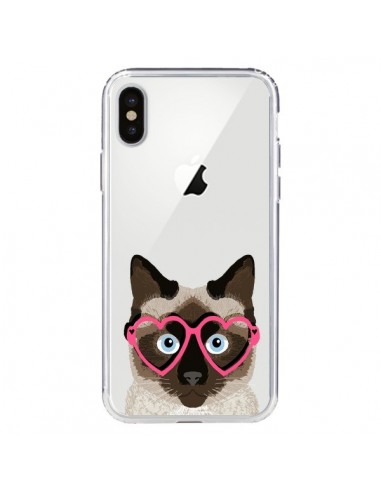 Coque iPhone X et XS Chat Marron Lunettes Coeurs Transparente - Pet Friendly