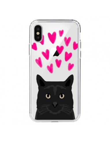 Coque iPhone X et XS Chat Noir Coeurs Transparente - Pet Friendly