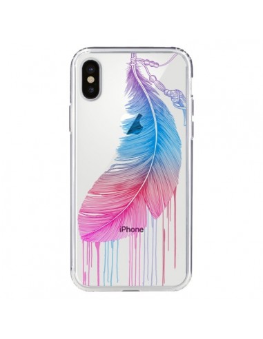 Coque iPhone X et XS Plume Feather Arc en Ciel Transparente - Rachel Caldwell