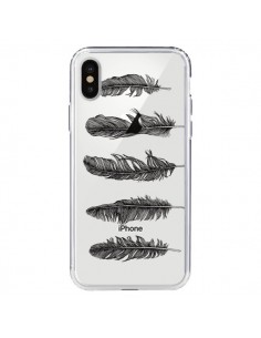 Coque iPhone X et XS Plume Feather Noir Transparente -...