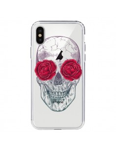 Coque iPhone X et XS Tête de Mort Rose Fleurs...