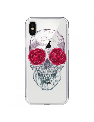 Coque iPhone X et XS Tête de Mort Rose Fleurs Transparente - Rachel Caldwell