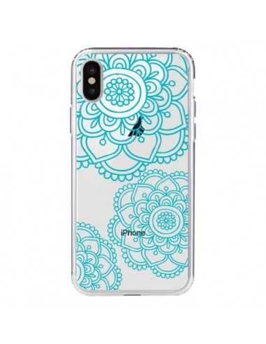 Coque iPhone X et XS Mandala Bleu Aqua Doodle Flower Transparente - Sylvia Cook