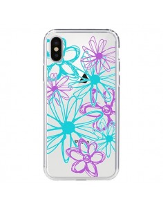 Coque iPhone X et XS Turquoise and Purple Flowers Fleurs...