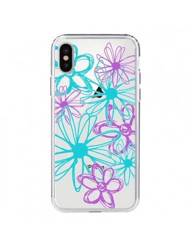Coque iPhone X et XS Turquoise and Purple Flowers Fleurs Violettes Transparente - Sylvia Cook