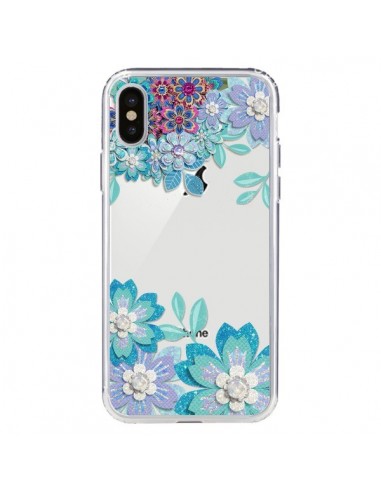 Coque iPhone X et XS Winter Flower Bleu, Fleurs d'Hiver Transparente - Sylvia Cook