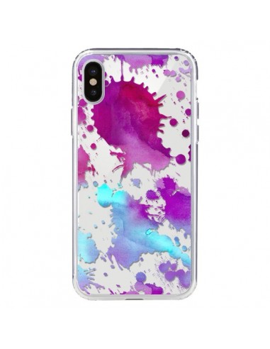 Coque iPhone X et XS Watercolor Splash Taches Bleu Violet Transparente - Sylvia Cook