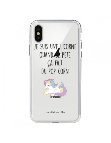 Coque iPhone X et XS Je suis une licorne, quand je pète ça fait du pop corn Transparente - Les Vilaines Filles