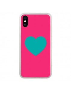 Coque Coeur Bleu Fond Rose pour iPhone X - Laetitia
