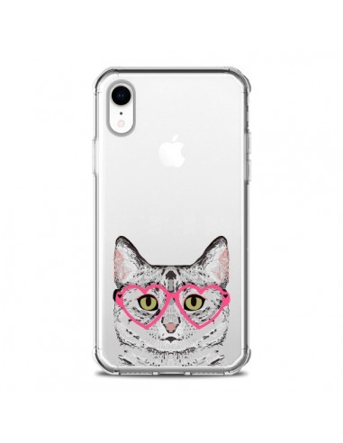 Coque iPhone XR Chat Gris Lunettes Coeurs Transparente souple - Pet Friendly