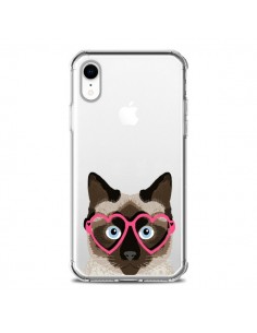 Coque iPhone XR Chat Marron Lunettes Coeurs Transparente...